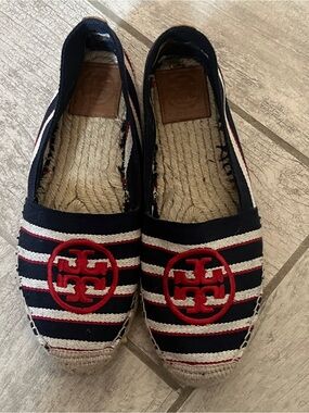 Tory Burch Navy, White & Red Striped Espadrille Flats